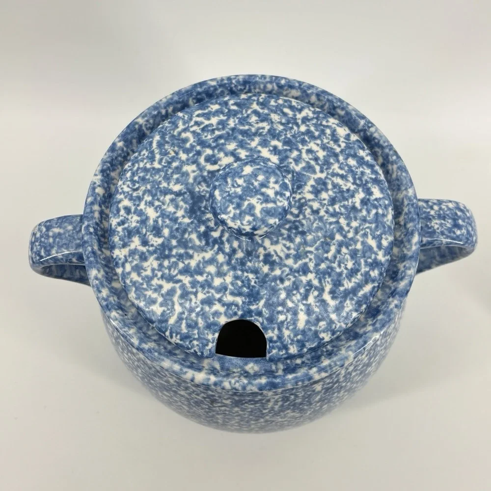 N.S. Gustin Ceramic Goose Jar Ladle Blue Spongeware Stipple Duck Cottagecore